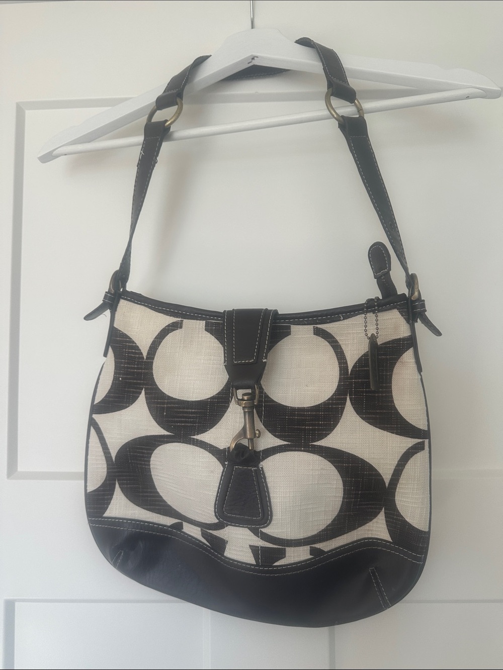 Coach Canvas Shoulder Bag in Black and Cream with Signature C Print